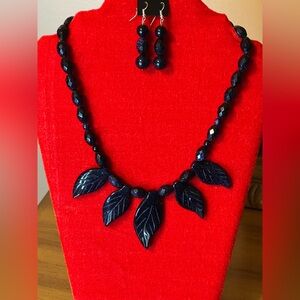 Navy Blue Goldstone 2Pc Gemstone necklace & earrings set. Bracelet is separate.